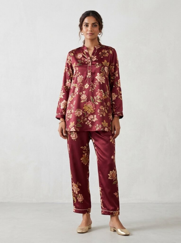 Luxury Maroon Satin Printed Co-ord Set